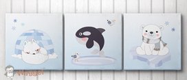 Canvas drieluik Waggel en vriendjes, ijsvos, orka en ijsbeer Canvas drieluik Waggel en vriendjes, ijsvos, orka en ijsbeer