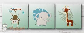 Canvas drieluik safari aapje, giraf en olifant Canvas drieluik safari aapje, giraf en olifant