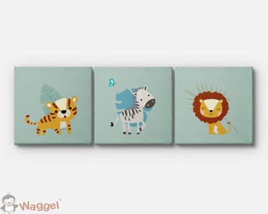 Canvas drieluik safari, tijger, zebra en leeuw Canvas drieluik safari, tijger, zebra en leeuw