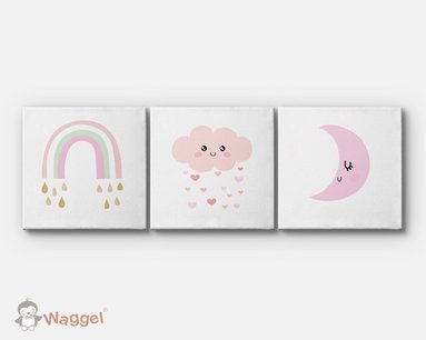 Canvas drieluik regenboog, maan en roze wolk Canvas drieluik regenboog, maan en roze wolk