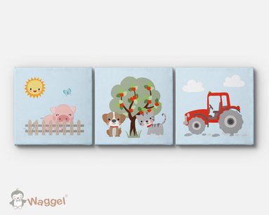 Canvas drieluik boerderijdieren varken, hond, kat en tractor Canvas drieluik boerderijdieren varken, hond, kat en tractor
