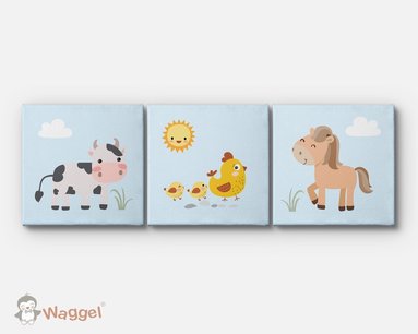 Canvas drieluik boerderijdieren koe, kippen en paard Canvas drieluik boerderijdieren koe, kippen en paard