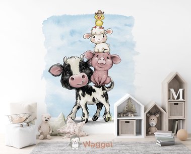 Behang boerderijdieren koe, varken, schaap en kuikentje Behang boerderijdieren koe, varken, schaap en kuikentje