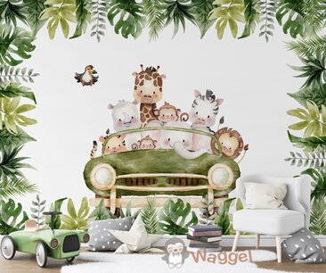 Behang sample little jungle friends auto met bladeren Behang sample little jungle friends auto met bladeren