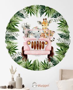 Muurcirkel jungle jeep roze met bladeren Muurcirkel jungle jeep roze met bladeren