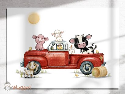 Wandpaneel boerderijdieren truck rood Wandpaneel boerderijdieren truck rood