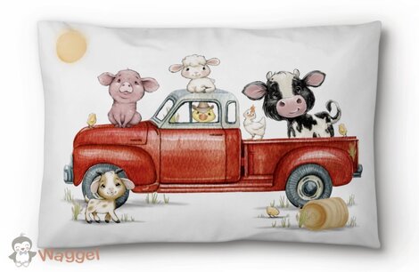 Sierkussen 50x30 cm boerderijdieren truck rood Sierkussen 50x30 cm boerderijdieren truck rood