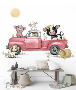 Behang boerderijdieren truck roze Behang boerderijdieren truck roze