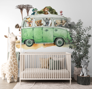 Behang on the road happy bus groen Behang on the road happy bus groen
