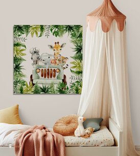 Muurdecoratie jungle jeep met bladeren vierkant Muurdecoratie jungle jeep met bladeren vierkant